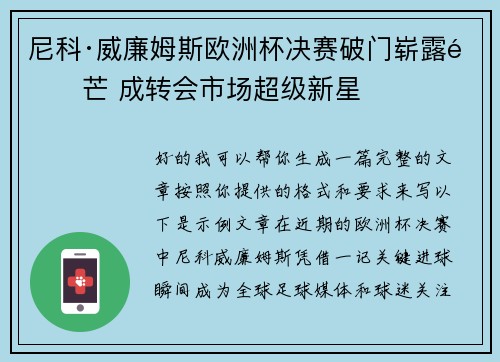 尼科·威廉姆斯欧洲杯决赛破门崭露锋芒 成转会市场超级新星 尼科·威廉姆斯欧洲杯决赛破门崭露锋芒 成转会市场超级新星